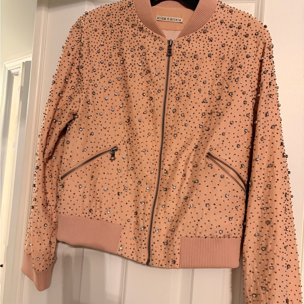 Alice + Olivia 100% Silk Pink Embellished Rhinestone Jacket